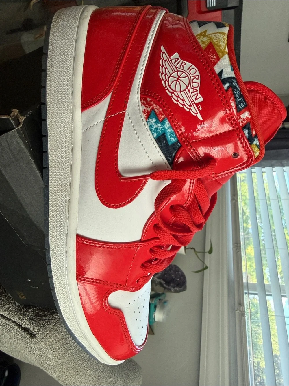 Jordan Red White High-Top Sneakers with Patterned Collar